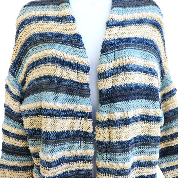 Lovestitch Long Cardigan Open Front OOAK Striped Blue Gold Metallic Drop Sleeve - Picture 6 of 12